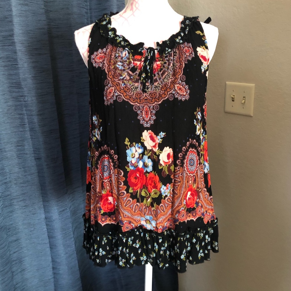 Black tunic length flowy top with lovely floral design